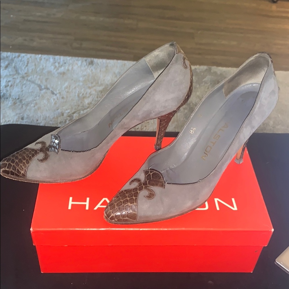 Halston Heritage Women's Gray Suede and Brown Leather Heels